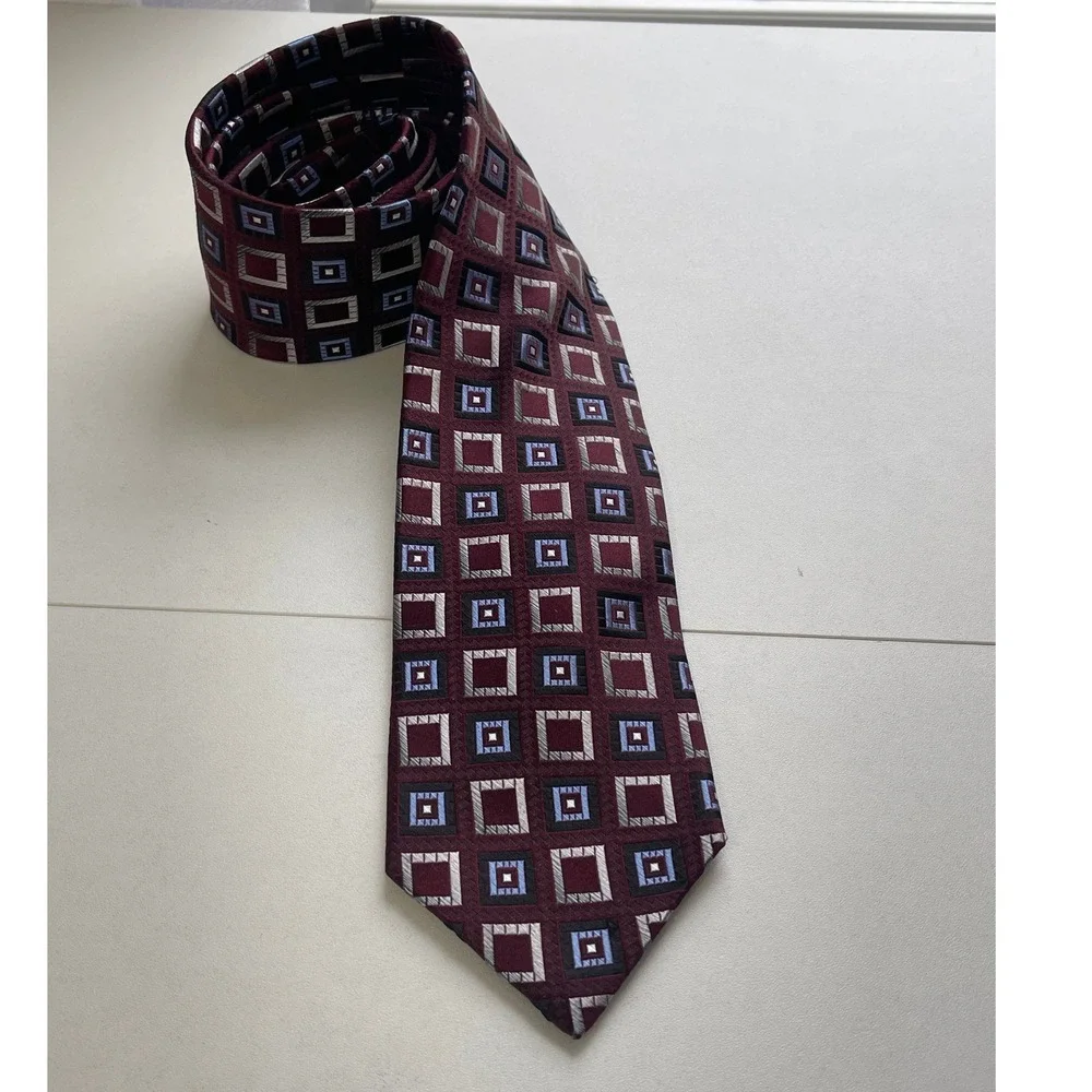 Pronto Uomo Mens‎ Burgundy Geometric Square Silk Necktie Woven Classic Tie